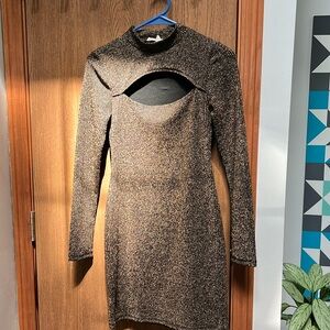 Shimmery gold and black dress, short bodycon style.